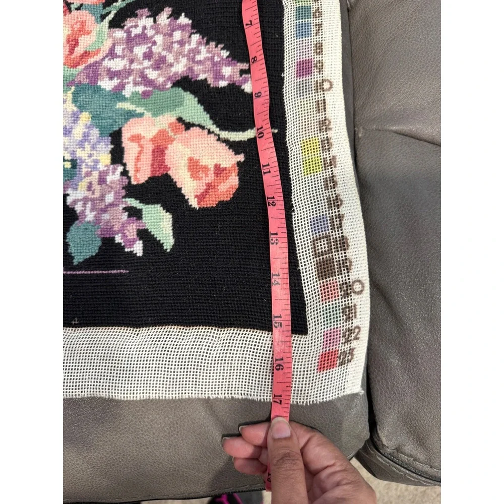 Vintage 1991 Dimensions Completed Needlepoint Floral Tulips Lilacs Black 21x17